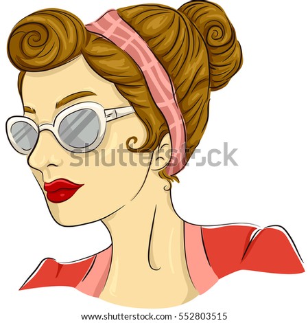 Vintage Themed Illustration of a Woman Sporting a Rockabilly Rosie Hairdo and Butterfly Sunglasses