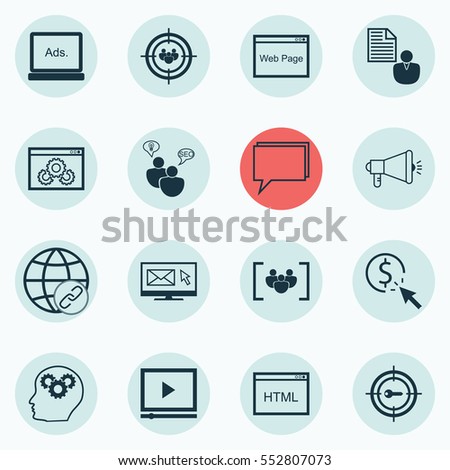 Set Of 16 Advertising Icons. Includes Newsletter, Intellectual Process, Media Campaign And Other Symbols. Beautiful Design Elements.