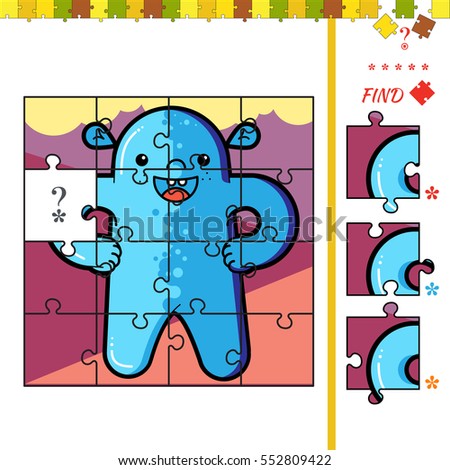 Cartoon illustration of jigsaw puzzle educational activity for preschool children