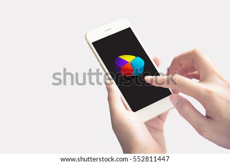 hand holding using mobile phone.girl using smart phone.stock.pie chart.