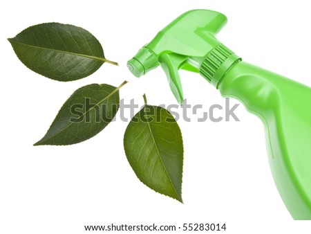 Green Spray Bottle with Leaf Spray for Environmentally Friendly Natural Cleaning Concepts.  Isolated on White with a Clipping Path. Royalty-Free Stock Photo #55283014