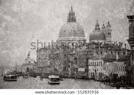Venice (Italy). View from Grand canal on Santa Maria della Salute church. Retro aged photo with scratches. Black and white.