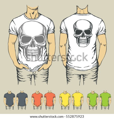 Vector t-shirts templates with prints of human skull. Top and back side of t-shirts