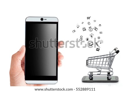 Hand male holding Smartphone and shopping cart isolated on white background,Online shopping concept