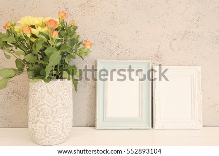 Blue Frame Mock Up, Digital MockUp, Display Mockup, Sea Styled Stock Photography Desktop Mockup, Rustic vase with  roses and chrysanthemums. White background, empty place, copy space. Vintage tinted