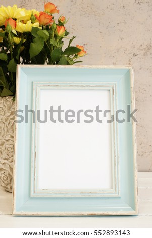 Blue Frame Mock Up, Digital MockUp, Display Mockup, Sea Styled Stock Photography Desktop Mockup, Rustic vase with  roses and chrysanthemums. White background, empty place, copy space. Vintage tinted