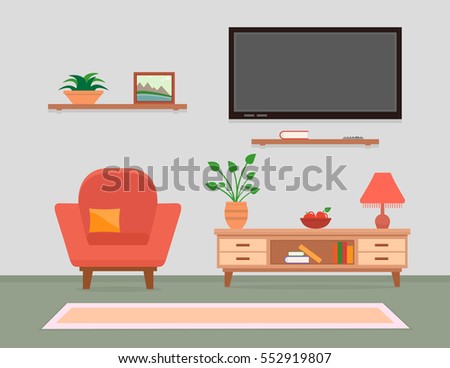 cozy living room interior with armchair, tv and furniture. classic or modern style living room interior.