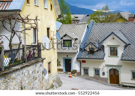 A quiet street with old traditional houses in alpine town, Radovljica near Bled lake, Slovenia Royalty-Free Stock Photo #552922456