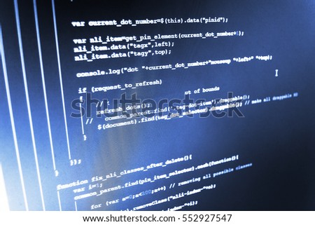 New technology revolution. Javascript functions, variables, objects. Internet security hacker prevention. Website codes on computer monitor. Web site codes on computer monitor. 
