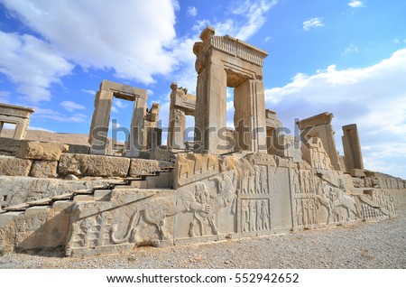 This is Persepolis ancient city with beautiful and blue sky , famous place to visit ,one of world heritage site , UNESCO in Shiraz , Iran  Royalty-Free Stock Photo #552942652