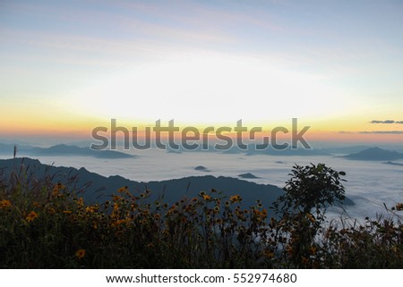 Sunrise scene at Phu chi fa in Chiangrai,Thailand Royalty-Free Stock Photo #552974680