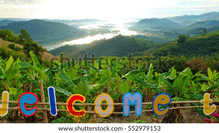 welcome Signs made by local people at Phu Huai Isan mountain viewpoint in Nong Khai Province, Thailand