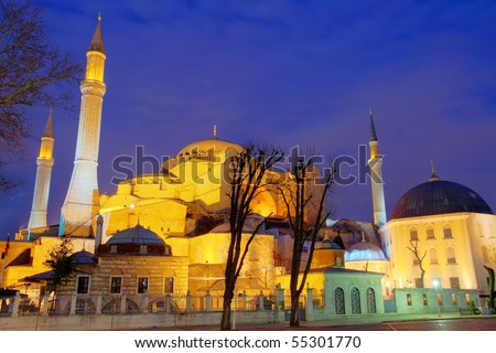 Illuminated world heritage site Hagia Sophia at night in Istanbul, Turkey, HDR image