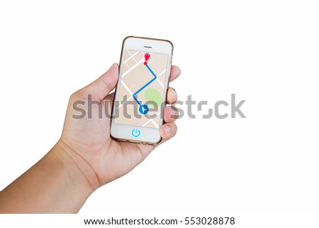 Man is holding mobile phone with map gps navigation