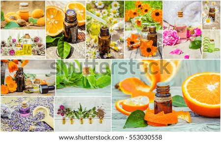 collage of herbs and essential oil. 