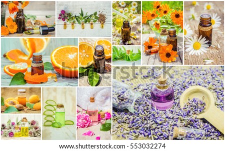 collage of herbs and essential oil. 