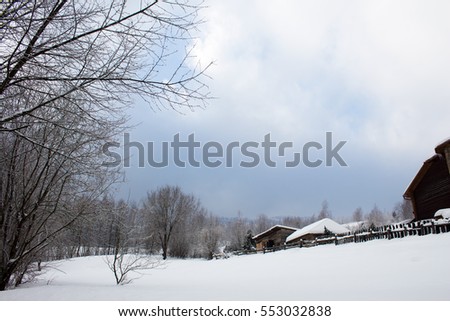 Snowy landscape with small rustic houses