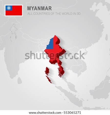 Myanmar painted with flag drawn on a gray map.