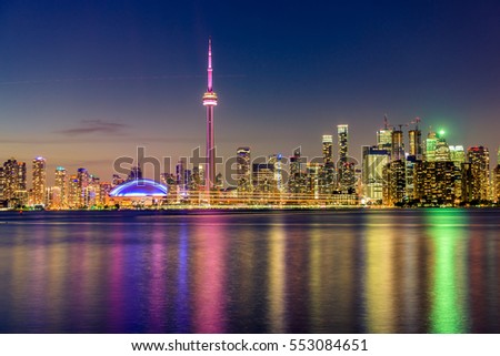 Toronto city skyline from centre island at night , Ontario, Canada
