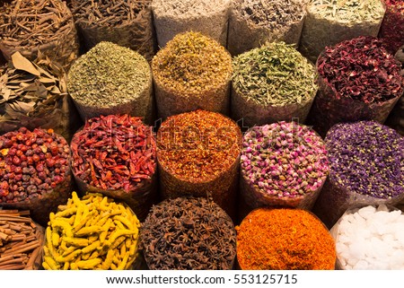 Spices and herbs being sold on street stal at Morocco traditional market. Royalty-Free Stock Photo #553125715