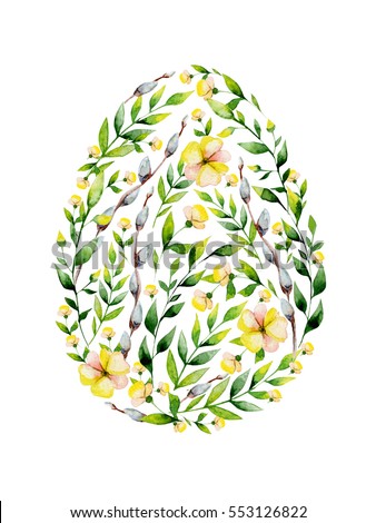 Watercolor yellow flower and herbs Easter egg design. May be used for Easter textile decoration print, invitation card, spring decor, wrapping paper and window decoration.