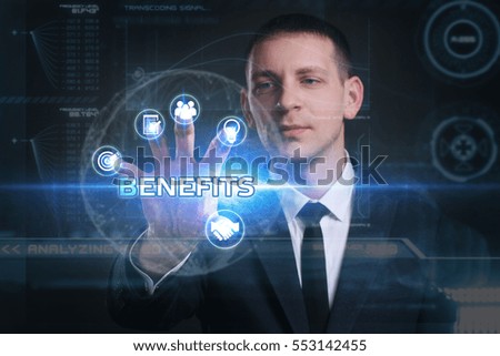 Business, Technology, Internet and network concept. Young businessman working on a virtual screen of the future and sees the inscription: benefits