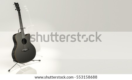 Black electro-acoustic guitar on chrome stand with light background and reflection. 3D rendered. Copy space or room for text.