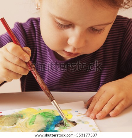 little baby girl draws a picture paints (postmodernism, talent, creativity, creativity)