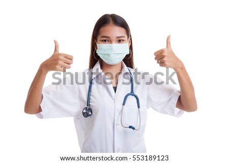 Young Asian female doctor thumbs up with both hands  isolated on white background.