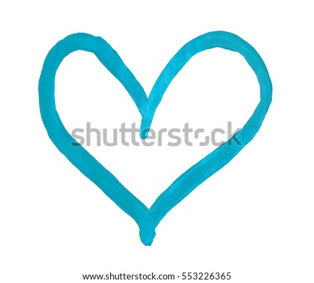 The outline of the turquoise heart drawn with paint on white background