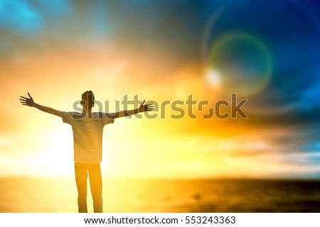 Good man positive think confident motiv spirit energy emotional holiday mountain. Christian thought reborn self worship praise God wellbing up bible vision hope mission victory success on cross peace. Royalty-Free Stock Photo #553243363
