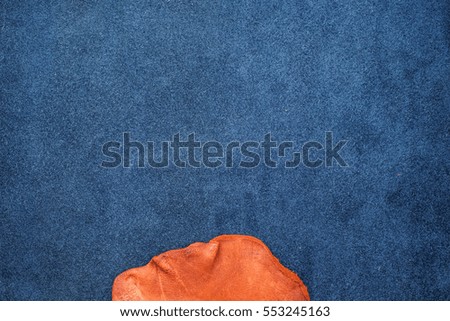 Close up orange rough edge and navy blue leather divide in two section, fashion texture background,fabric division.