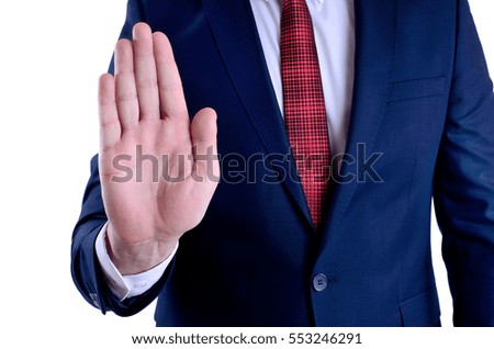 business man show stop on white background