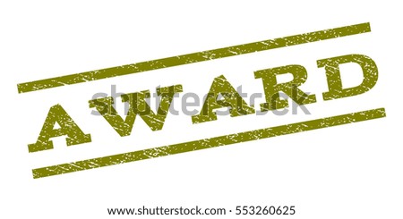 Award watermark stamp. Text tag between parallel lines with grunge design style. Rubber seal stamp with dirty texture. Vector olive color ink imprint on a white background.