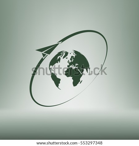 Airplane fly around the planet Earth. Logo.