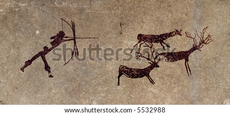 Reproduction of a prehistoric cave painting showing a hunter and deers