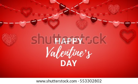 Happy Valentine's Day greeting web banner. Romantic composition with garlands from paper. Beautiful backdrop with heart from threads. Vector illustration.