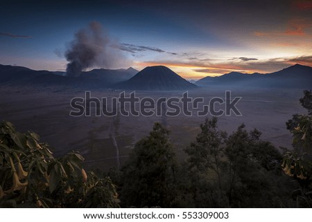 Sunset at Mount Bromo volcano in Bromo Tengger Semeru National Park, East Java, Indonesia.