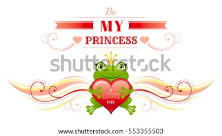 Happy Valentines day border, frog prince in crown, heart. Romance, love text lettering, isolated frame white background. Cute romantic Valentine banner vector illustration. Abstract flat cartoon sign