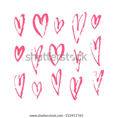 Hand drawn paint card. Pink and white hearts background. Abstract brush drawing. Grunge Vector art illustration
