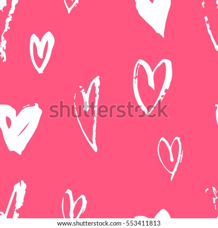 Hand drawn paint seamless pattern. Pink and white hearts background. Abstract brush drawing. Grunge Vector art illustration