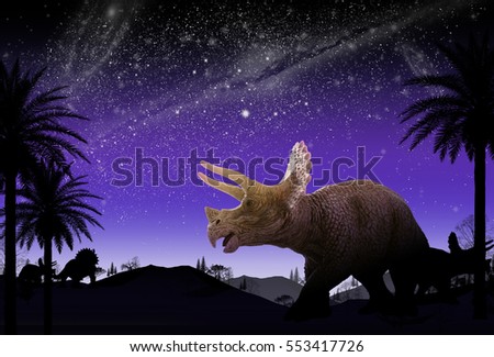 dinosaur flat art night mountain landscape with stars and bright moon