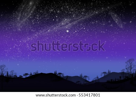 dinosaur flat art night mountain landscape with stars and bright moon
