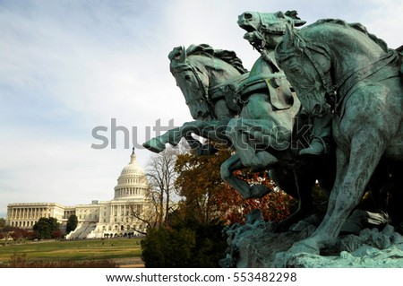 Civil War Memorial Statue in front o the US Capitol Building, Washington, DC. Horses  Royalty-Free Stock Photo #553482298