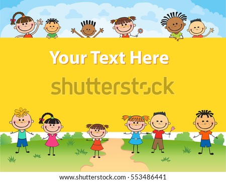 illustration of kids around square banner behind poster vector