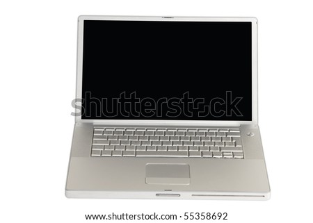 front view of open silver laptop on white background