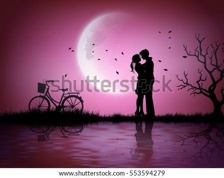 Illustration of love and valentine's Day  with couple silhouette  and half moon.