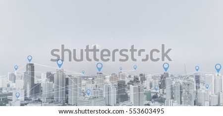 City scape and social network connection technology concept. Royalty-Free Stock Photo #553603495