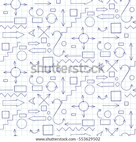 Vintage seamless pattern of symbols for infographics. Arrows, frames, lines and circles in and abstract doodle writing design set. Stylish Vector hand-written illustration on notebook page. 