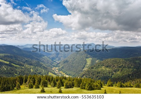 
Panoramic view from the tower Feldbergturm the mountains of the Black Forest .Germany Royalty-Free Stock Photo #553635103